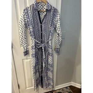Bella Tu Womens Blue Paisley Medallion Button Front Midi Shirt Dress 100% cotton